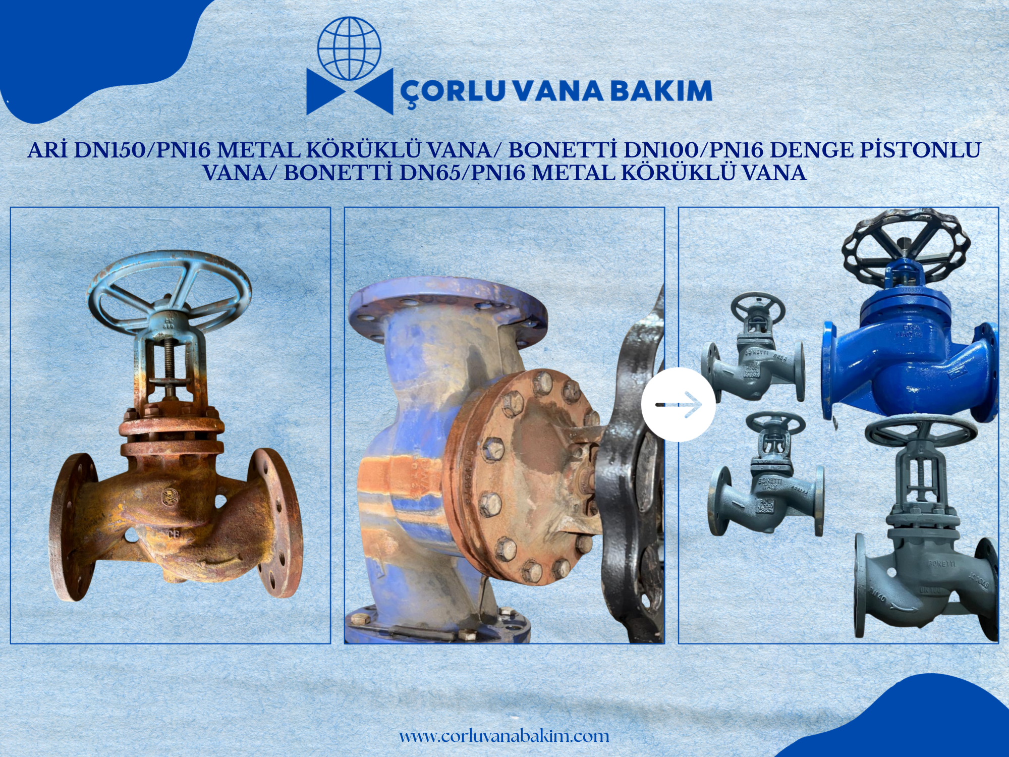 ARİ DN150/PN16 METAL KÖRÜKLÜ VANA/ BONETTİ DN100/PN16 DENGE PİSTONLU VANA/ BONETTİ DN65/PN16 METAL KÖRÜKLÜ VANA